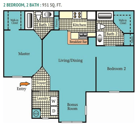 Floor plan for 2 beds, 2 baths, 951 sqft